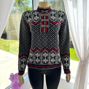 VTG Norm Thompson Black Cotton Nordic Fair Isle Pewter Clasp Cardigan Sweater S